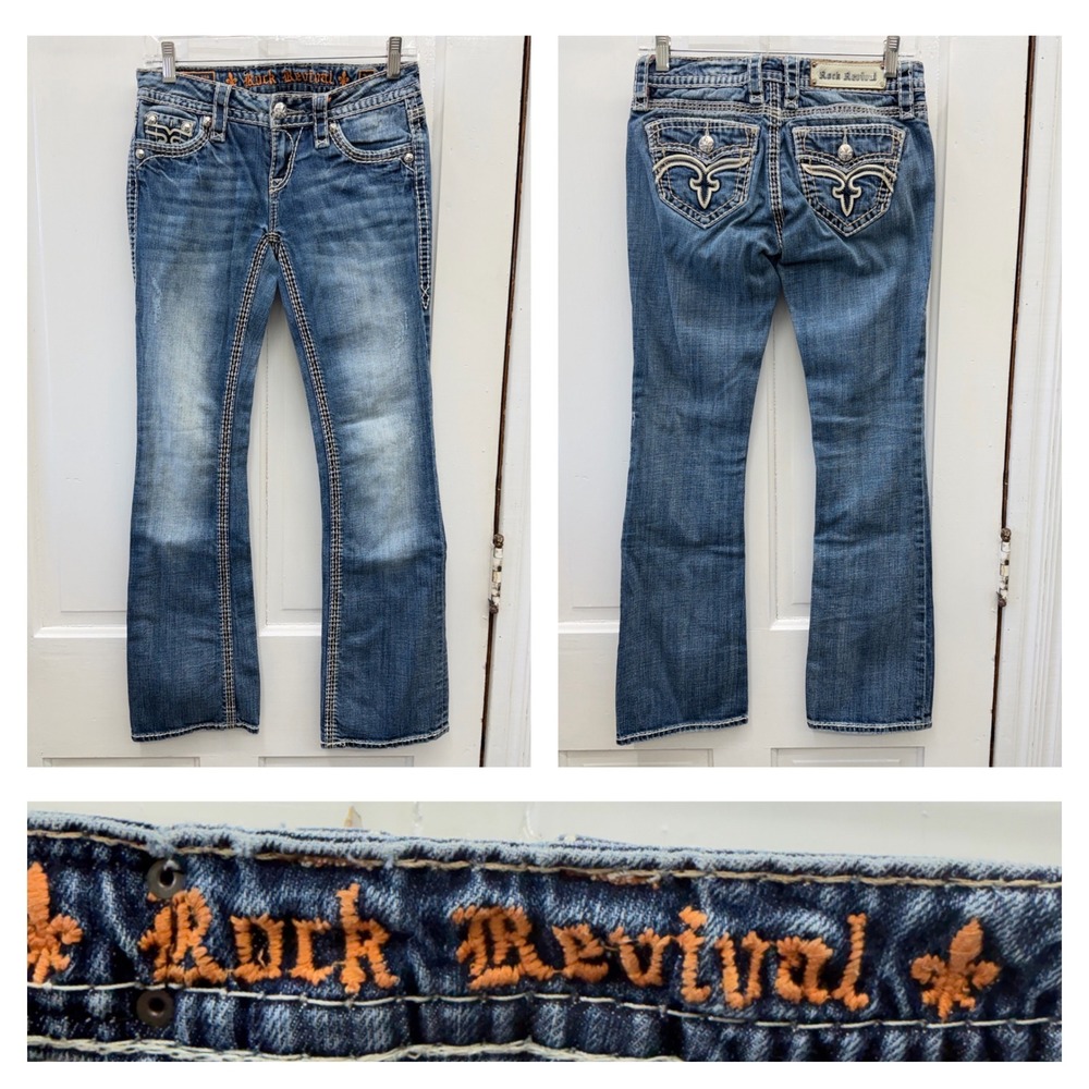 Rock Revival Jamila Bootcut Denim Jeans Womens 26 Thick Stitch Embellished